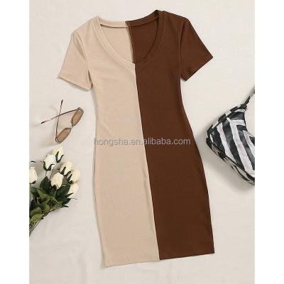 China Anti-Wrinkle Ladies Dress Summer Casual V-neck Women Clothing Bodycon Short Sleeve Dress Women Pencil Mini Ribbed Knit Color Block Dress for sale