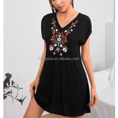 China Sleeve Anti-Static Rayon Batwing Summer Dress Bohemian Women Short Sheath Black Casual Floral Women Embroidery V-Neck Tunic Beauty Dresses for sale