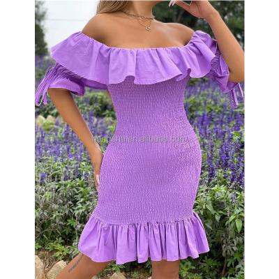 China Anti-Static Dresses 2022 Summer Women Throw Sleeve Ruffle Edge Off Shoulder Woman Boho Dresses Summer Cotton Bubble Dress For Woman for sale