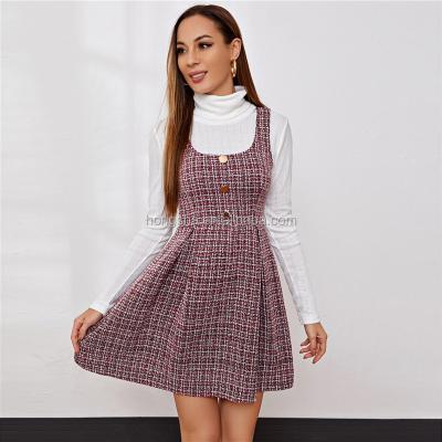 China Winter Elegant Mini Pinafore Cute Dress Plaid Tank Dress Autumn Button Front Sleeveless Anti-Static Scoop Neck Women Dress Tweed Shorts for sale