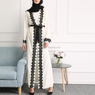 China 100%Polyester Self Tie Aplet Abaya Moroccan Kaftan HSd5215 Front Open Contrast Lace Trim for sale