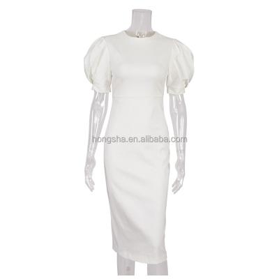 China Anti-Wrinkle Elegant Women's White O Neck Night Club Dresses Puff Sleeve Party Midi Pencil Dress Spring Night Club Chic Short Bodycon Dress for sale