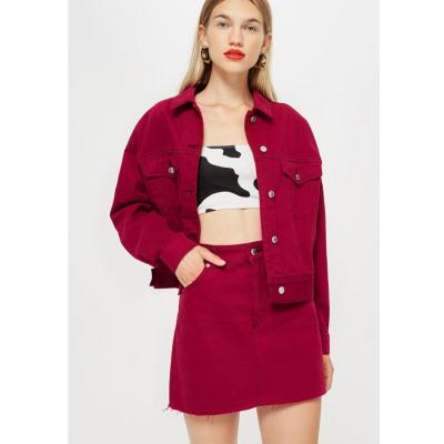 China Latest Fashion Women's Trendy Plain Cherry Red Denim Skirt Suit Anti-Shrink With Turn-Down Scollar HSS6102 for sale