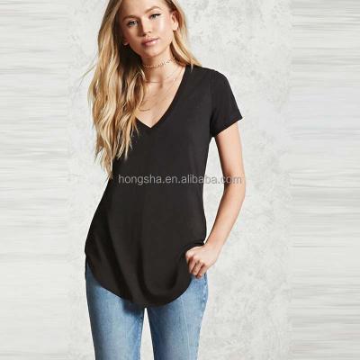 China Anti-pilling Summer Dolphin Edge V-Neck Tee Black T-shirt Women HSt9036 for sale