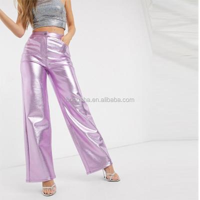 China Anti-pilling Women Faux High Rise Smooth Leather Pants Ladies PU Metallic Wide Leg Pants HSP9813 for sale