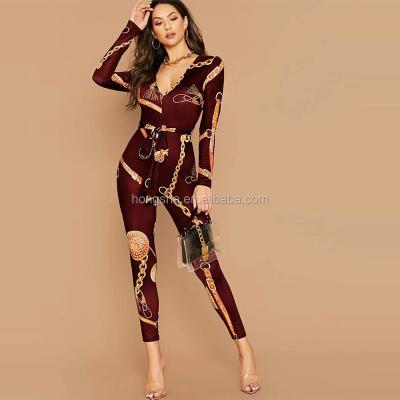 China Women's Anti-Pilling Chain Print V-Neck Mid Waist Elegant Skinny Rompers Ladies Belted Unitard Jumpsuit HSP9802 for sale