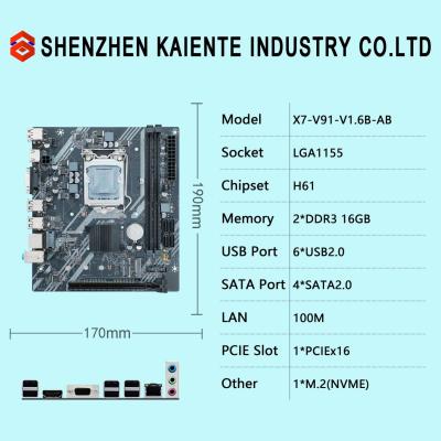 China 2ed 3rd Gen INTEL LGA1155 Motherboard H61 X7 V91 PC Motherboard DDR3 for sale