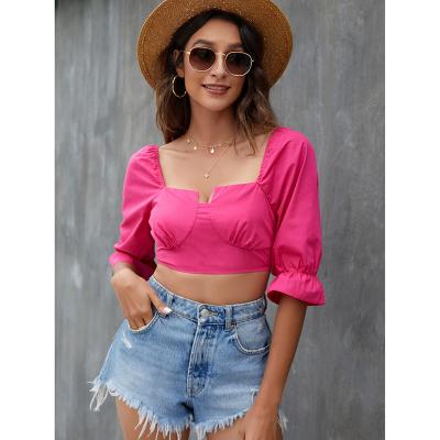 China 2022 INS hot sale lantern fashionable short sleeve top ladies low sleeve crop top breathable blouses cut sexy blouse for sale