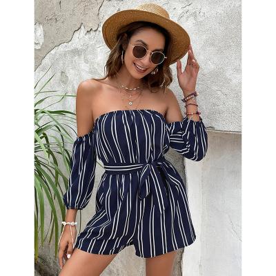 China QUICK DRY rompers stripe off the shoulder romper women jumpsuit stylish short lantern sleeve off the shoulder jumpsuit for sale