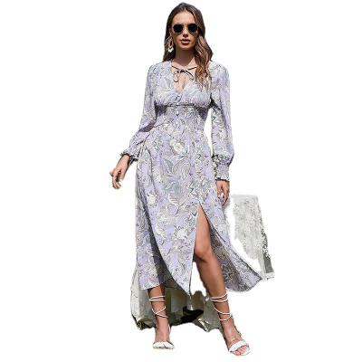 China 2022 New Style Summer Beach Holiday Leisure Dress Purple Skirt Dress Anti-wrinkle Floral Dress for sale