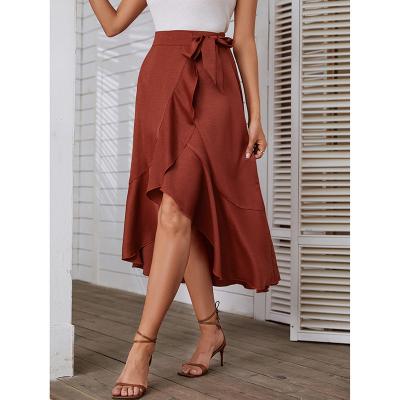 China 2022 Summer Anti-Static Women's Amazon Dress Skirt Sexy Fishtail Ruffle Fishtail Skirt Irregular Waist Lace-Up One-Piece Casual Solid Color High for sale