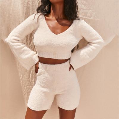 China New Fashion Plush QUICK DRY Casual Crop V-neck Top Loose Sleeve Sweater Shorts Two Piece Set for sale