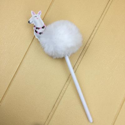 China Pen Cute Design Custom Logo Promotional Kids Animal Alpaca Llama Animal Pompom Pen Favorite Cardboard Shape Plush Fur Ball for sale