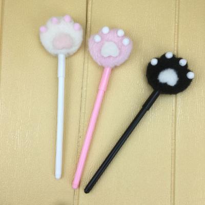 China Promotional Cardboard Pen Custom Logo Kids Favorite Animal Shape Plush Cat Paws Footprints Fur Ball Pompom Pen for sale