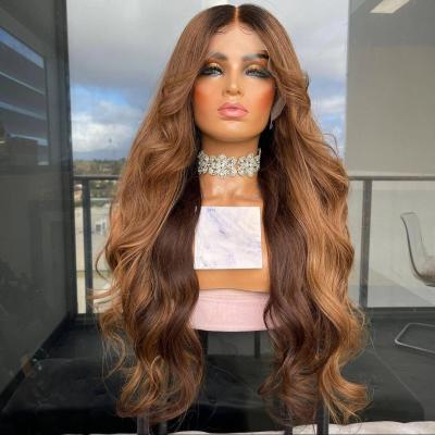 China Superb Sheenreal Hair Brazilian Lace Front Wig 4 Cuticle Aligned Long 27 Highlight Body Wave Wig On Sale for sale