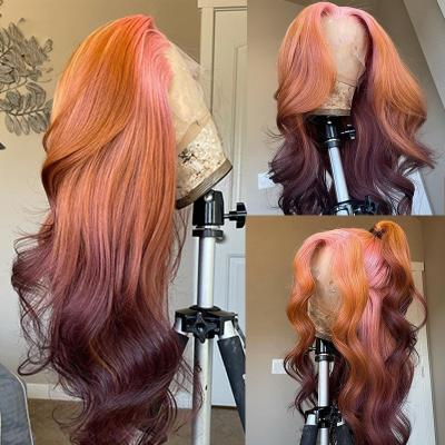 China Honey Blonde To Purple Colored Straight Loose Wave Hair Full Lace Wigs With Pink Roots for sale