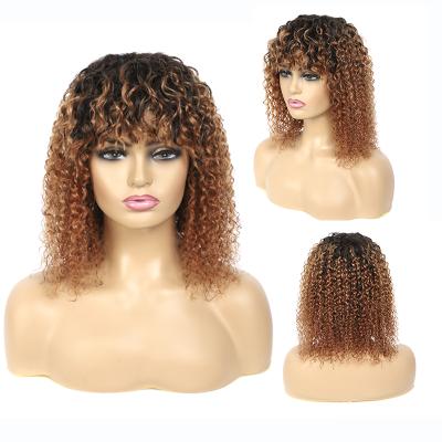 China Body Wave Ready To Ship Virgin Curly Machine Wig Honey Blonde Hair Wig Color 1b/30 Ombre Deep Curly With Bangs 12inch Curly Lead Wig for sale