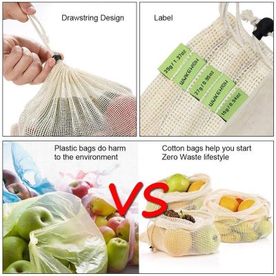 China Folding Reusable Commodity Bags Organic Cotton Washable Zero Waste Muslin Mesh Cloth Grocery Bags 10 Pack Set With Double Drawstring for sale