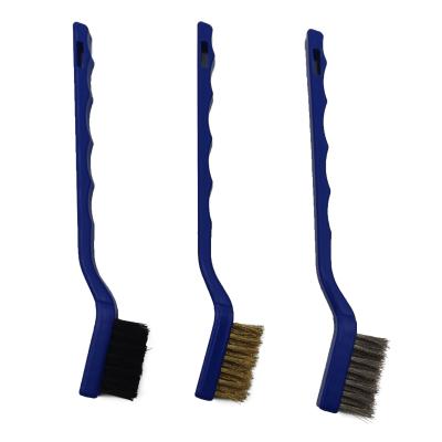 China Reusable Mini Plastic Handle Nylon Brass Stainless Steel Wire Brush For Rust Cleaning Cleaning Brush for sale