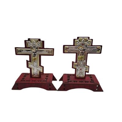 China Durable Orthodox Metal Cross Ornament With Base For Private Collection Gift Home Ornaments Religious Souvenir for sale