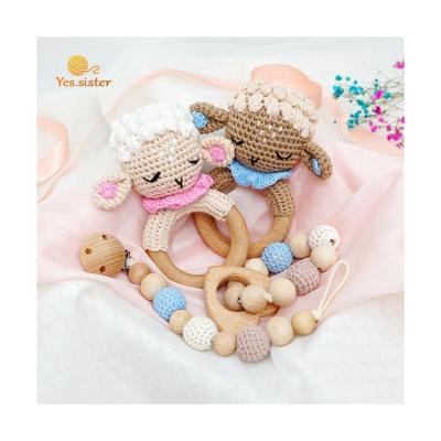 China Soft Toy Amigurumi Beech Wood Teether Gift Set Teething Toys Sheep Baby Crochet Infant Rattle for sale