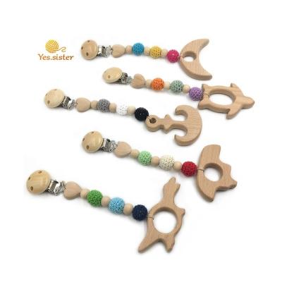 China Toy Natural Teething Baby Stroller Soft Hanging Chains Wooden Teether Beads Pacifier Clips Toys for sale