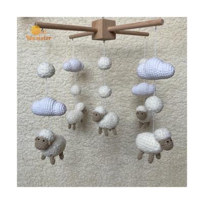 China Soft Toy Handmade Gifts Wooden Hanging Nursery Decor Crochet Knit Sheep Baby Mobile for sale