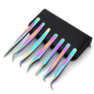 China Ultra Long Contact Surface Customized Bag Makeup Tools Rainbow Color Stainless Steel Lashes Applicator Kit Professional Eyelash Extensions Tweezer Sets for sale