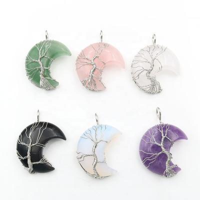 China Romantic Tree of Life Thread Wrapped Quartz N Pendant Crystal Stone Necklaces Natural Gemstone Healing Crescent Moon Pendant Necklace Reiki for sale