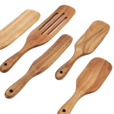 China Sustainable Wholesale Custom 5 Pcs Set Cheap Long Handle Kitchen Utensils Kitchenware Wooden Cooking Tools Spatula Spoon Shovel Set for sale