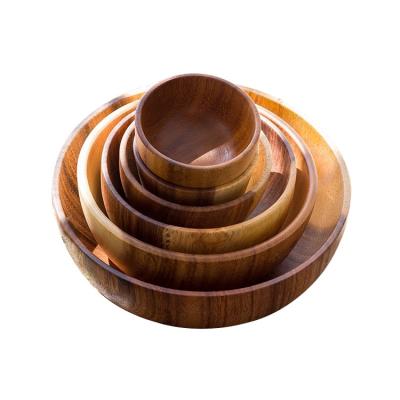 China Sustainable Acacia Wood Flat Bottom Bowl Large Salad Bowl Log Instant Noodle Household Fruit Bowl for sale