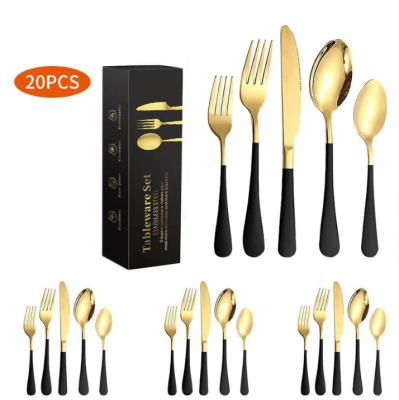 China Stocked Stainless Steel Dinnerware Set Titanium Plated Color 1010 Gold Western Table Knife, Fork and Spoon 20 Piece Set for sale