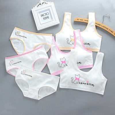 China Breathable Girls Shaping Bras Panties Kids Underwear Sets Teens Students Bra Vest and Panties Cotton Radio Girls Sports Bra Set throat for sale