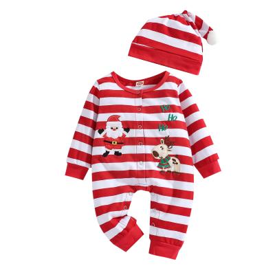 China Striped Baby Romper Santa Claus Head Embroidered Cotton Christmas Costume New Christmas Clothes Breathable Two Piece Baby 0-1 Years Old for sale