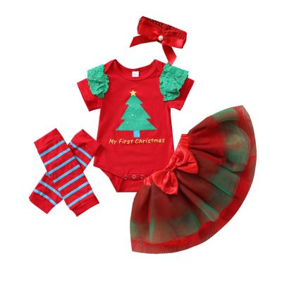 China Casual 4 Pieces Set Gauze Christmas Tree Skirt Girls Red Christmas Girls Print Short Sleeve Romper Quilting For for sale