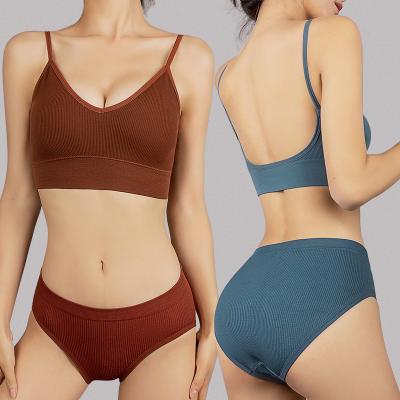 China Antibacterial 2 Piece Push Up Female Sport Padded Bras Suit With Seamless V-Neck Plus Size Women Bra Briefs Yoga Set Backless Underwear for sale