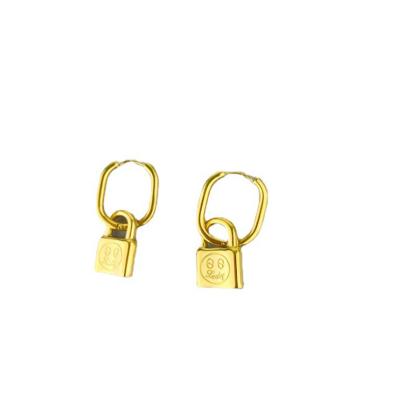 China CLASSIC Women's 14k Gold Plated Key Lock Dangle Hoop Earrings Stainless Steel Lock Dangle Earrings for sale