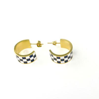 China Retro CLASSIC simple style checkerboard stainless steel black and white chunky circle earrings for women for sale