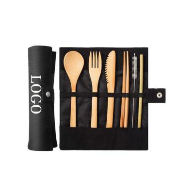 China Custom Logo Bamboo Knife, Fork and Spoon Western Travel Set Straw Cloth Bag Bamboo Cutlery Biodegradable Bamboo Cutlery Set for sale