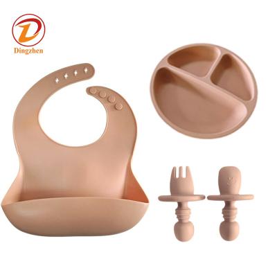 China Soft and Safe BPA Free Silicone Baby Bib Dish Spoon Set Feeding Knife for Kids Baby Utensils Silicone Tableware Feeding Set for sale