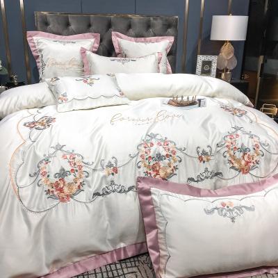 China New Design 100% Anti-Static Hot Selling Embroidery Silk Bedding Sets Bed Sheet Duvet Cover Pillowcase Luxury Wholesale for sale