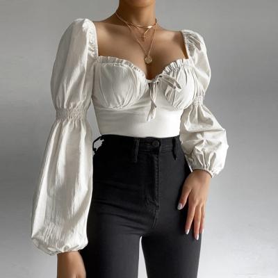 China Breathable Bubble Sleeve Women Ruffled Long Crop Tops Sexy Lace Women Clothing White Blouses for sale