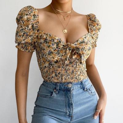 China Women's Breathable Top Short Sleeve V-Neck Bubble Sleeve Floral Print Summer Blouses Sexy Ruffled Crop Tops for sale