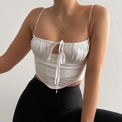 China Breathable White Spaghetti Strap Sleeveless Women Tops Hollow Out Lace Up Sexy Bustier Crop Tops for sale