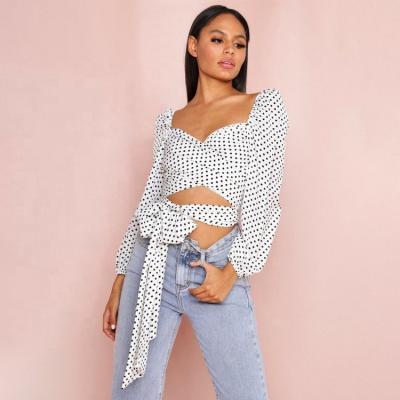 China Breathable Long Sleeve V-neck Women's Breathable Polka Dot Top Blouses Bandage Sexy Crop Tops for sale