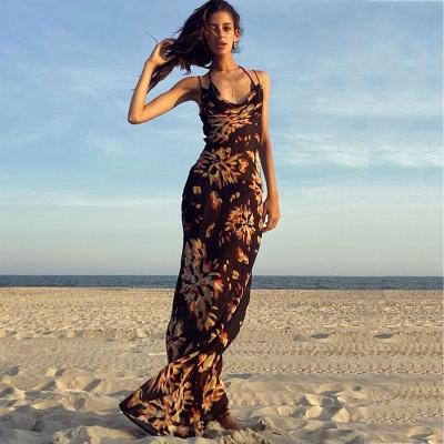 China Breathable Hot Selling Sling Print Sexy Backless Dress Women Midi Summer Dress Casual Beach Wear for sale