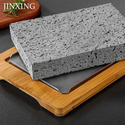 China Wholesale Sustainable High Quality Wooden Tray Stainless Steel Sheet Insulated Protective Volcanic Rock Grilling Stone for sale