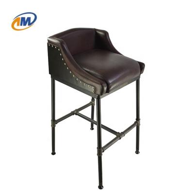 China Industrial Wholesale American Wrought Iron Pipe Leather Bar Stool Retro Low Back Chair Seat for sale