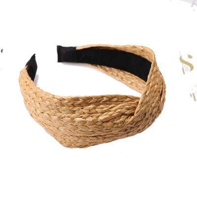 China Summer Elastic Hair Bands Straw Braid Hairband Straw Weaving Top Knotted Headband Women Bohemian Handmade Wide Girls Circle Hair Bands for sale