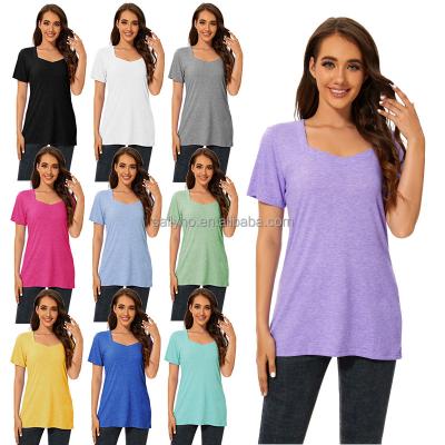 China Anti-wrinkle Wholesale Women's Diamond Neck T-shirts Fashion Versatile Fit Short Sleeve Shirts Custom Printed Plain Women's T-shirts for sale